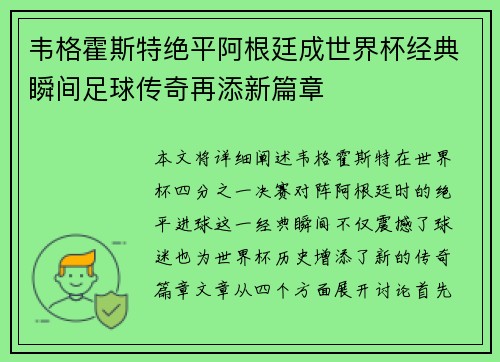 韦格霍斯特绝平阿根廷成世界杯经典瞬间足球传奇再添新篇章
